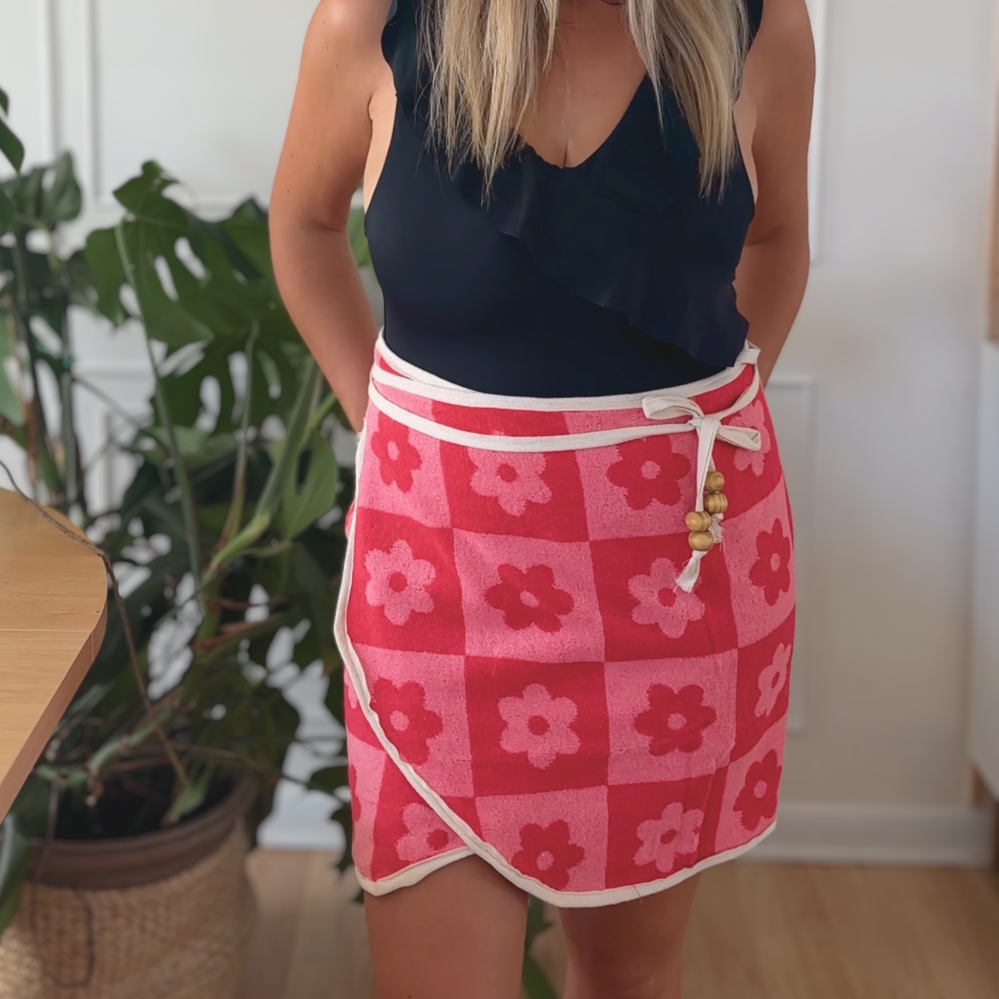 Checkered Floral - Handmade  Beach Towel Wrap Skirt