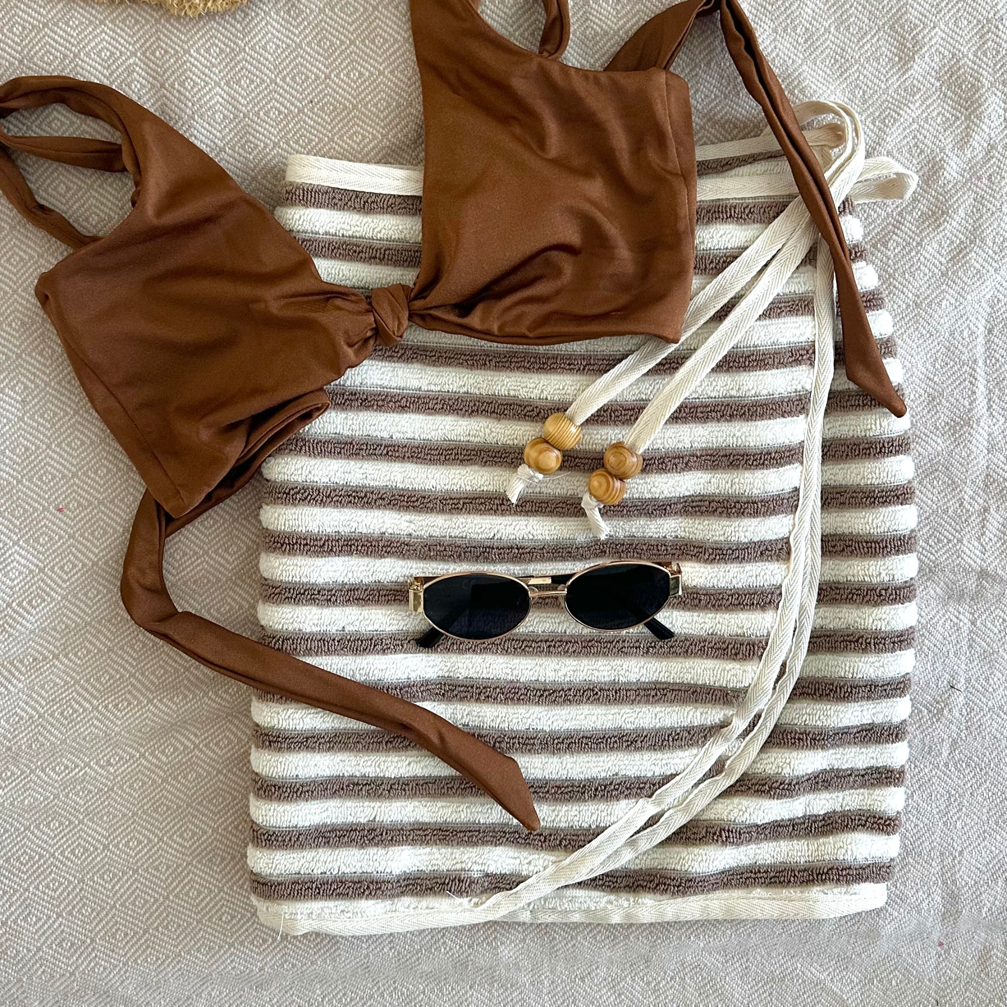 Light Brown & White Striped - Handmade Beach Towel Wrap Skirt